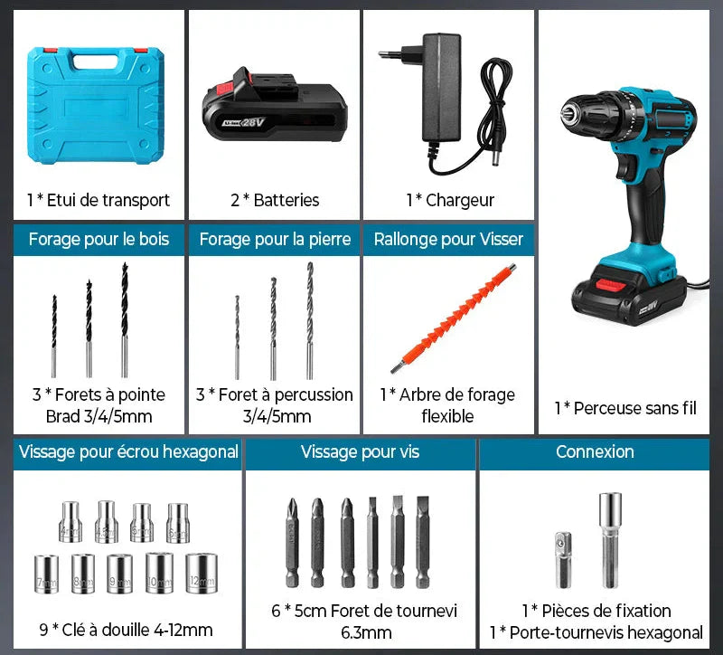 KIT TALADRO INALÁMBRICO y IMPACTO + 26 ACCESORIOS + 2 BATERIAS REGALO