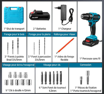 KIT TALADRO INALÁMBRICO y IMPACTO + 26 ACCESORIOS + 2 BATERIAS REGALO